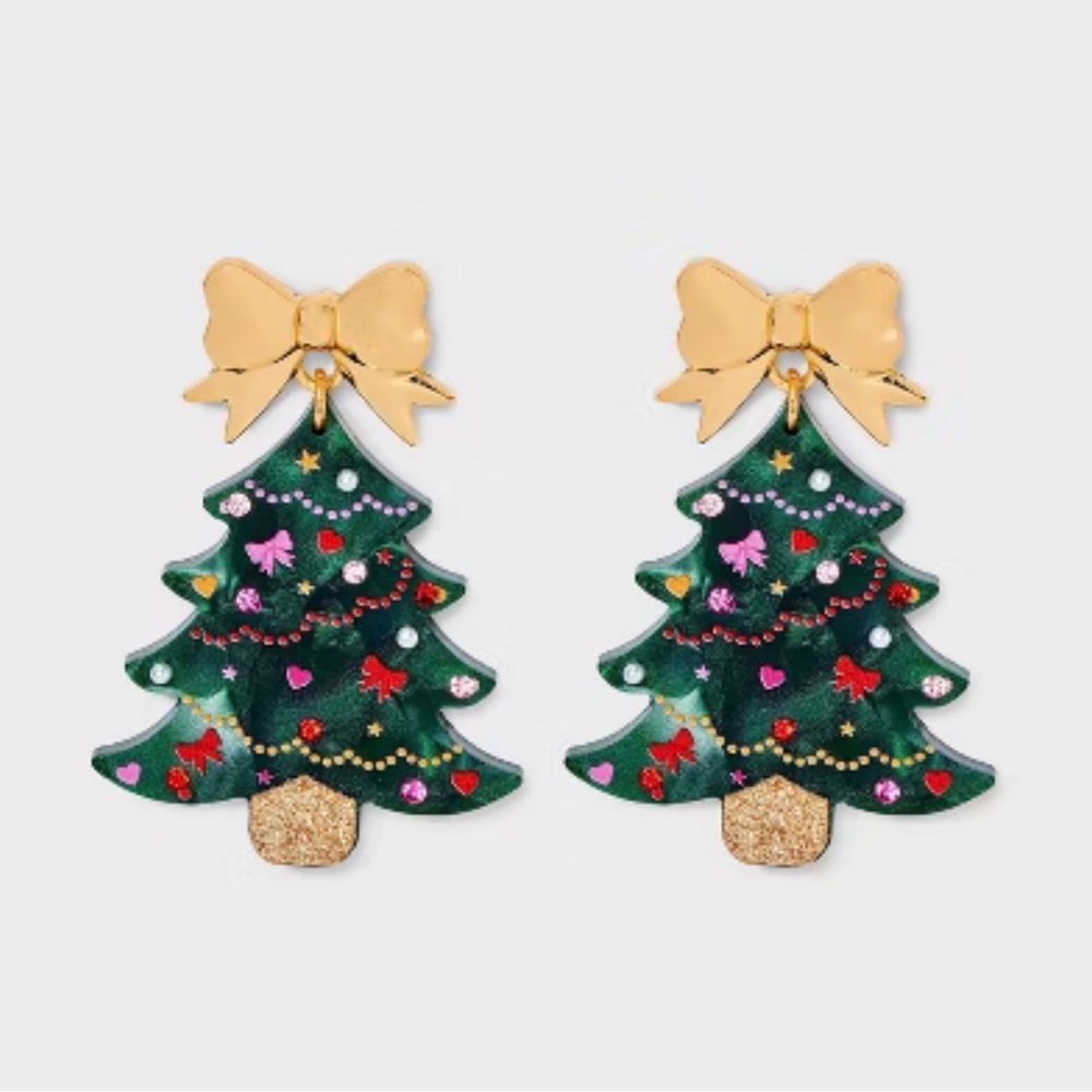 Festive Christmas Tree and Gold Bow Post Drop Earrings - Green, NEW